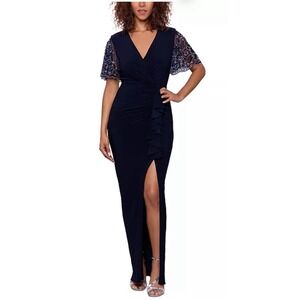 Betsy & Adam Embellished-Sleeve Front-Slit Gown Size 4 Petite Navy Blue‎